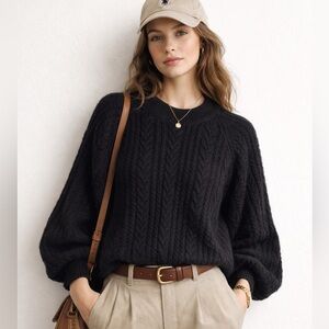 Vicolo Cashmere Wool Blend Black Cable Knit Sweater Crewneck Puff Sleeves Chic